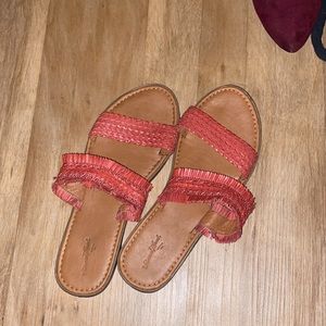 Pink fringe slide sandals